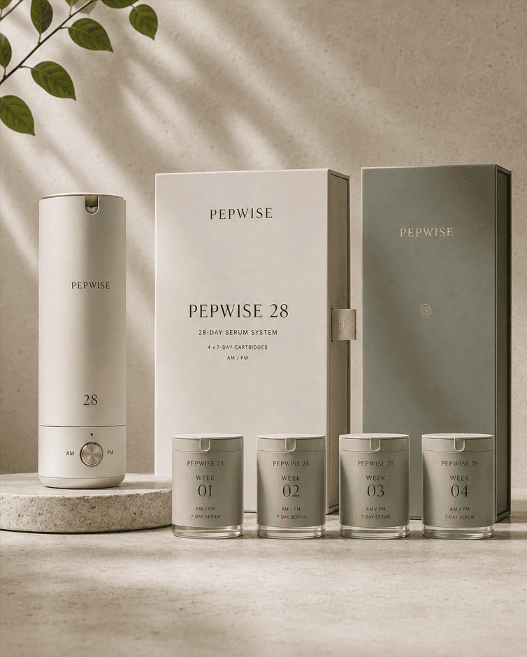 Pepwise Cosmetics product system on a warm textured backdrop